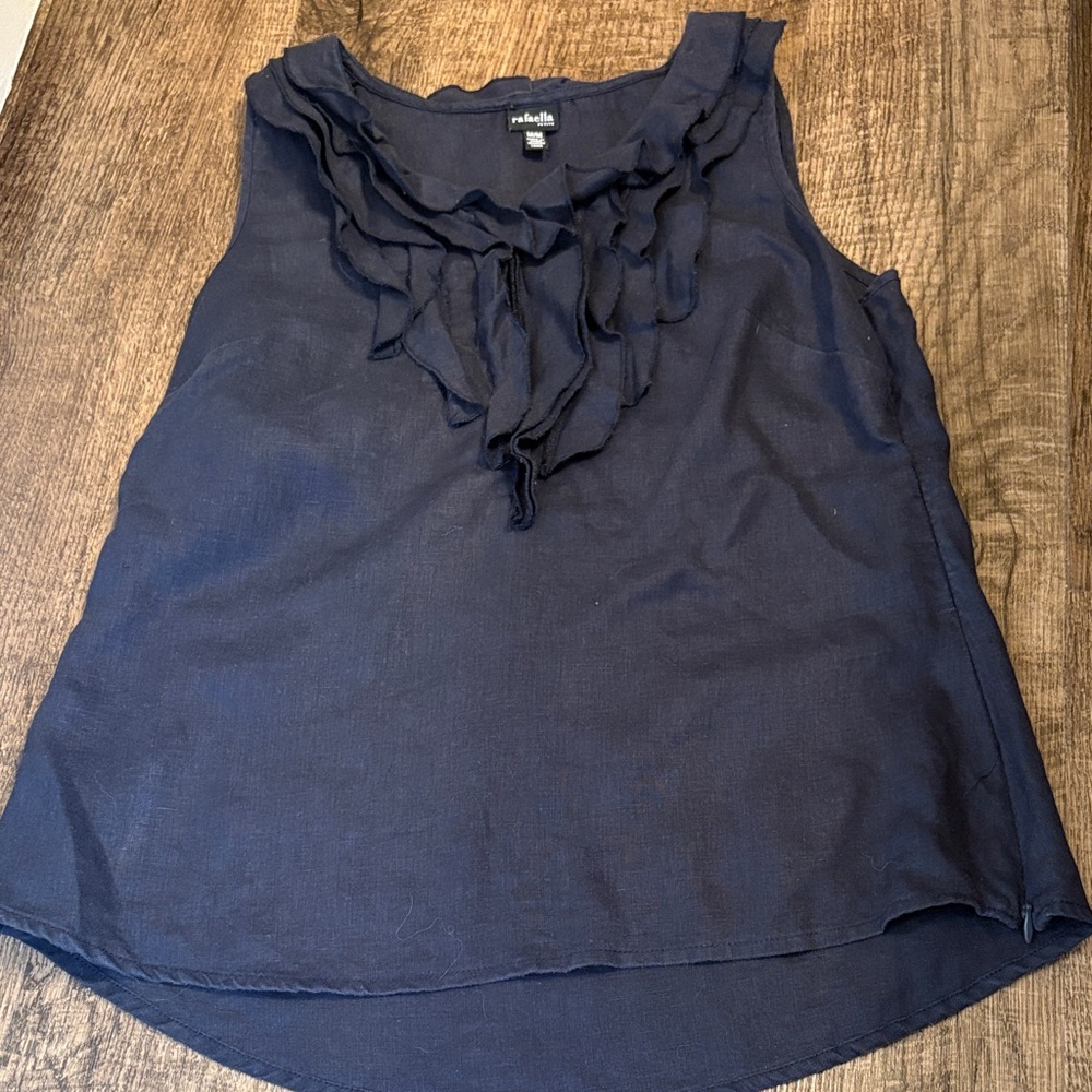 Rafaella Petite Navy Midnight Blue Ruffle Blouse Sleeveless Zip 100% Linen Med
